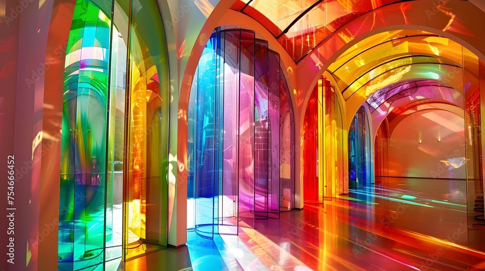 Vibrant Rainbow Glass Art Installation in Colorful Corridor with Light Reflections - obrazy, fototapety, plakaty 