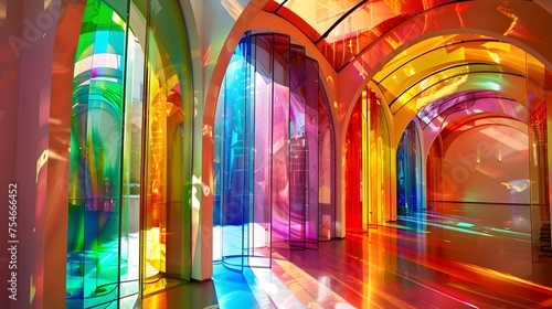 Vibrant Rainbow Glass Art Installation in Colorful Corridor with Light Reflections
