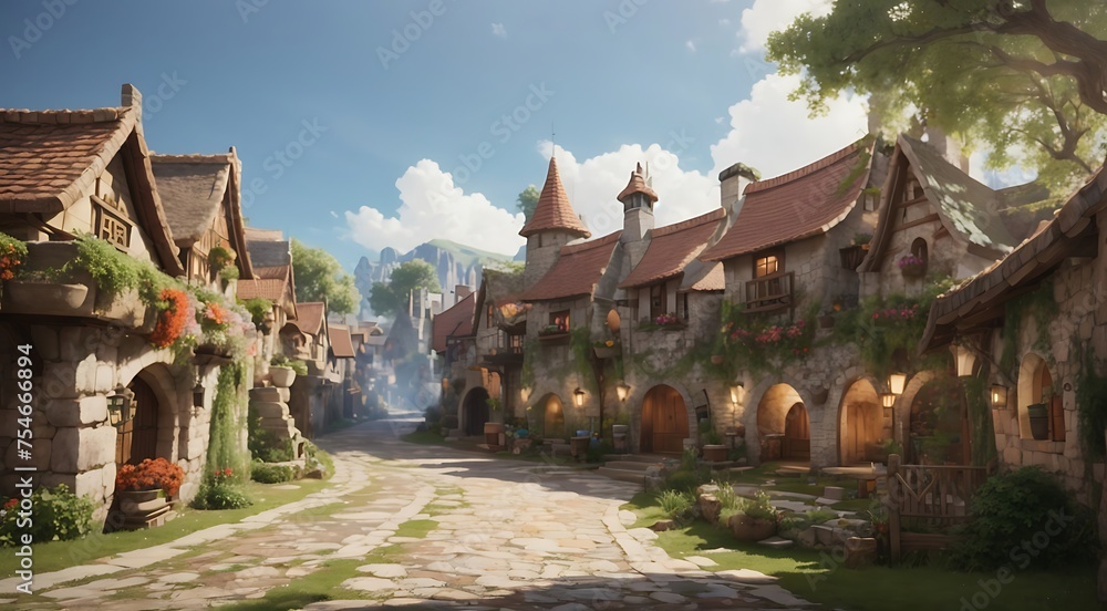 Medieval Castle Townscape with Historic Buildings and Tower in Fantasy story