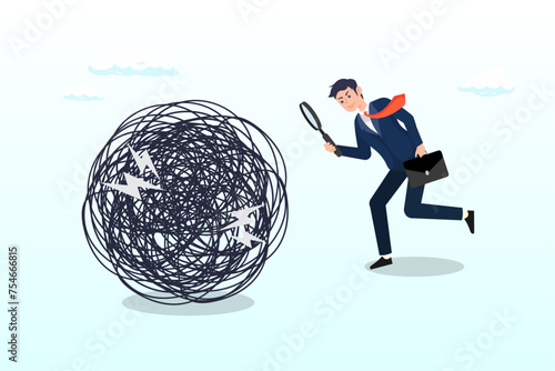 Businessman analyse mess with magnifying glass, analyse problem finding solution or opportunity, look for details to solve problem, discovery or search, root cause analysis or troubleshooting (Vector)