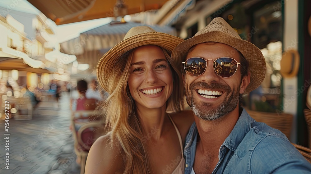 portrait of happy couple having date and fun on vacation people travel happiness concept  