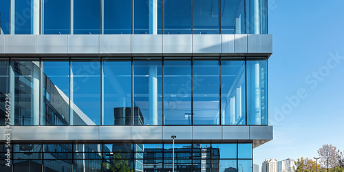 Edifício de Escritórios Moderno com Fachada de Vidro Refletindo a Paisagem Urbana Circundante Ampla captura com lente de 24mm photo