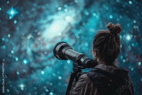 Young woman using telescope to observe starry sky.