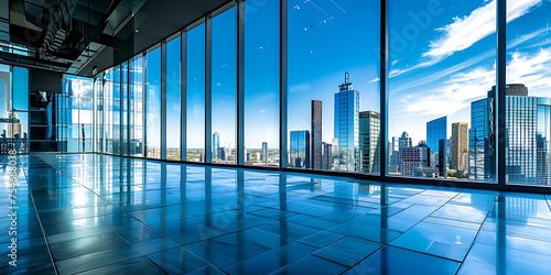 Edifício moderno com janelas do chão ao teto refletindo o céu azul e a paisagem urbana circundante photo