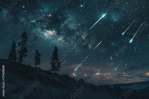 A night sky with meteors shower