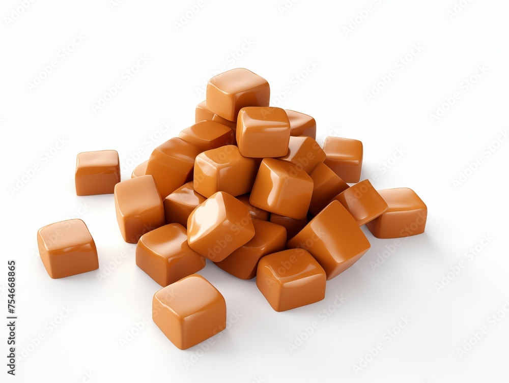 Pile of Caramel Cubes Isolated on White Background. Generative AI Pile of Caramel Cubes Isolated on White Background. Generative AI