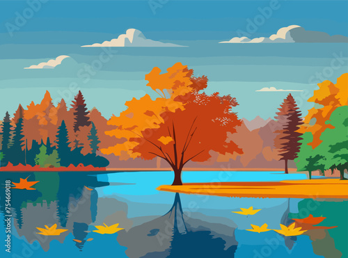 Vector illustration Autumn landscape golden alley park of birches near a pond , contemporary art impressionism abstract landscape.