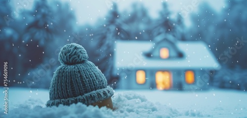 A picturesque HD photograph capturing the essence of winter, featuring a model house in a knitted cap, embodying the idea of a well-heated home in cold weather. photo