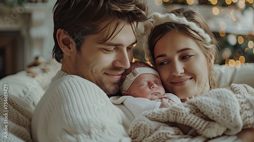 family parenthood and people concept happy young mother father with new born baby at home 