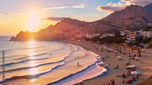 Sunset on the beach in Calpe, Alicante, Spain, Kaputas beach. People enjoy sun and sea at the beautiful turquoise sea and sandy beach of Kaputas. Sunset over the sea in the background, AI Generated photo