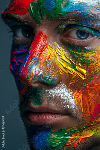 A closeup of a handsome man face painted with colorful paints