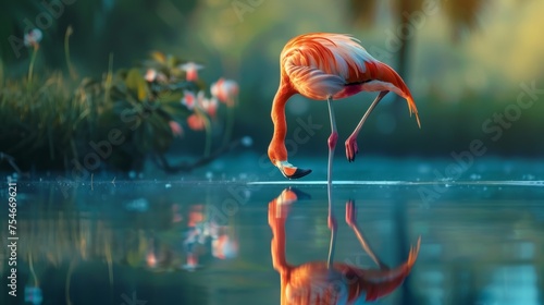 Elegant Flamingo Pose in Serene Wetland Macro Shot