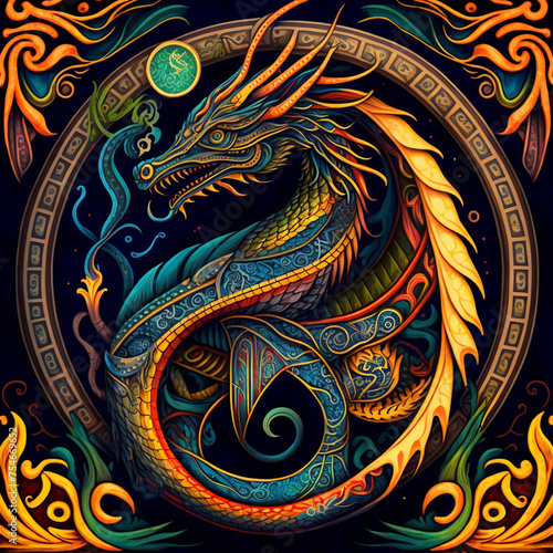 Dragon illustration in symmetry celtic art. Element design. Celtic art of east totem and west style in psychedelic. Fit for apparel, cover, poster, banner, background.