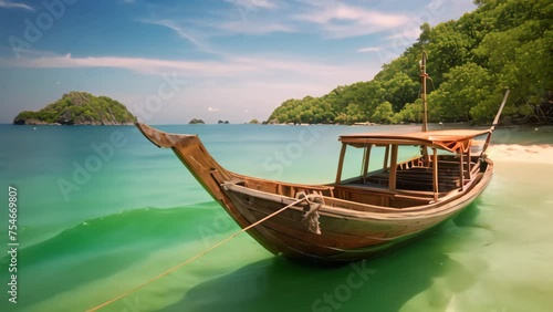 Traditional longtail boat on tropical beach at Andaman sea, Thailand, Longtail boat anchored in the sea, with the landscape of the archipelago visible in the background, AI Generated photo