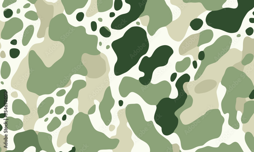 Seamless Pattern of Green and White Abstract Shapes, Resembling Cow Spots, Creating an Organic Feel for a Unique Design Element. The Background Is a Soft Cream Color, Enhancing the Camouflaged Seamless Pattern of Green and White Abstract Shapes, Resembling Cow Spots, Creating an Organic Feel for a Unique Design Element. The Background Is a Soft Cream Color, Enhancing the Camouflaged