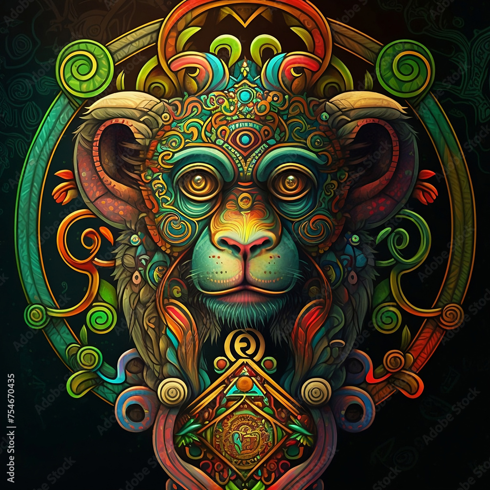 Ape illustration in symmetry celtic art. Element design. Celtic art of east totem and west style in psychedelic. Fit for apparel, cover, poster, banner, background.