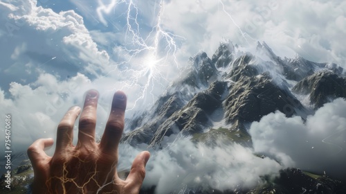 A muscular hand in the close foreground throwing a lightning bolt into a mountain in the background and blowing it to smithereens photo