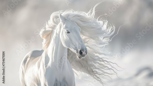 A stunning white horse with a luxurious flowing mane captured in a serene  ethereal atmosphere.