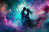 View silhouette of young couple dancing against colored dramatic background.