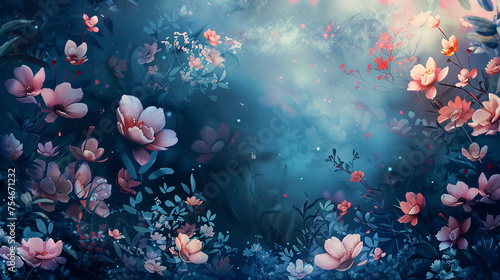 Pink flowers and foliage with a mystical overlay of a starry night sky and nebulous textures. Watercolor dark. Ethereal Flowers against a Starry Sky Background. universe with cute florals blooming. © Pungu x