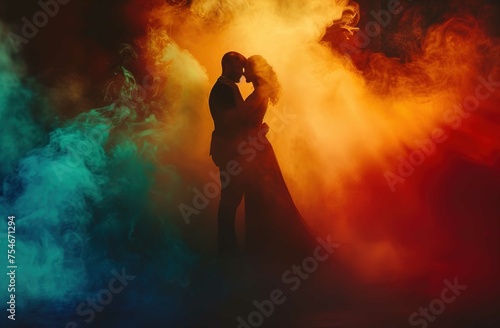 View silhouette of young couple dancing against colored dramatic background.