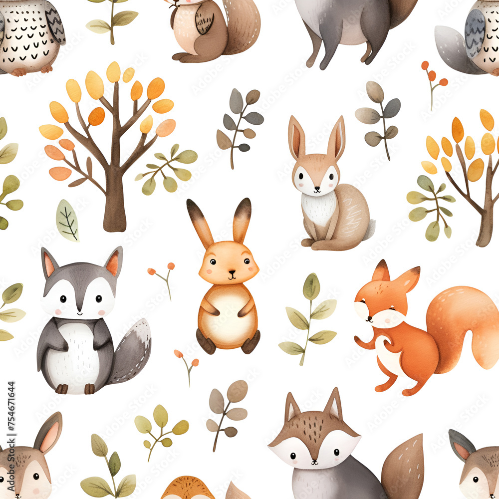 Naklejka premium Watercolor pattern with unusual fairy forest hybrids animals on white background. Children's rooms wallpapers. Design for clothes, apparel printing, poster or cover. AI Generative
