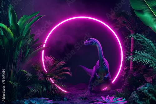 Dinosaur Dino T-rex in neon tropical jungle on pink background, 3d rendered. AI Generative. Advertisement, cover or wallpaper, screensaver. © Elena
