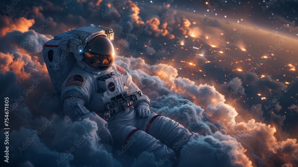 An astronaut lie on the clouds, flying over a city in a starry magic night - obrazy, fototapety, plakaty 