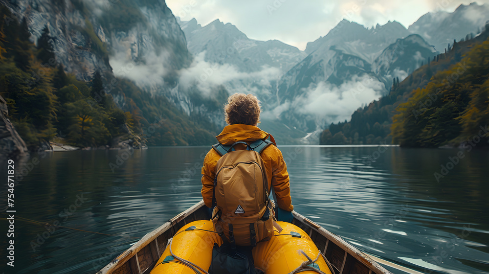  Traveler on a Wooden Boat Admiring the Beauty of the Lake