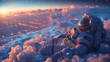 An astronaut lie on the clouds, flying over a city in a starry magic night