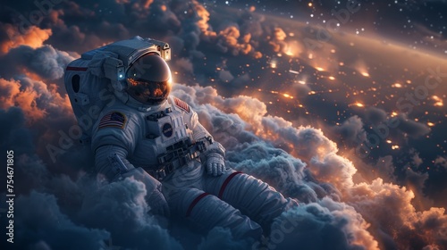 An astronaut lie on the clouds, flying over a city in a starry magic night photo