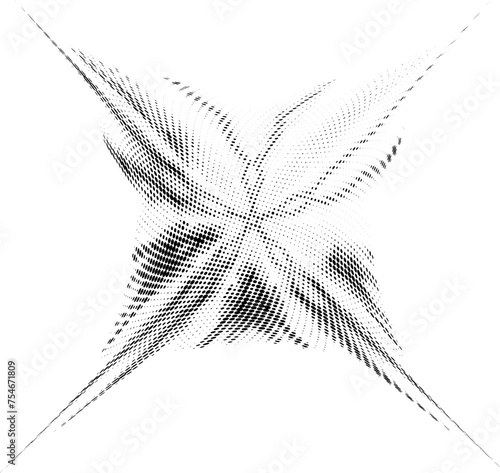 Mandala in the shape of a moth, halftone, with polka dots. Discoloration of the right sector.  For logos, emblems.  Vector.