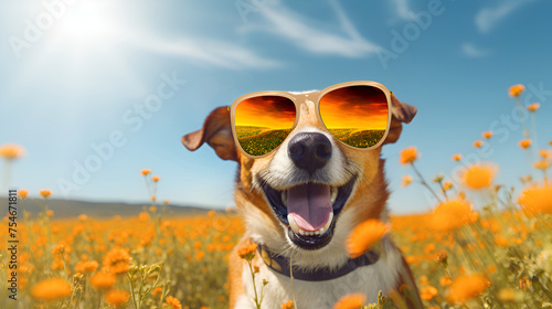 A sporty dog in sunglasses, running energetically through a field of wildflowers under a bright sky