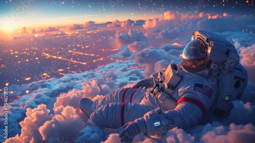 An astronaut lie on the clouds, flying over a city in a starry magic night photo