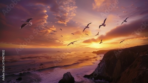 Majestic Seagulls Soaring Over Dramatic Coastal Landscape