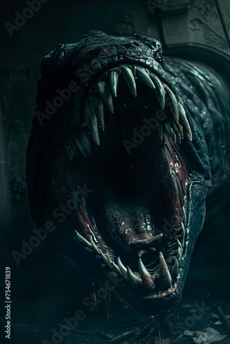 A giant monster mouth with sharp teeth from the dark