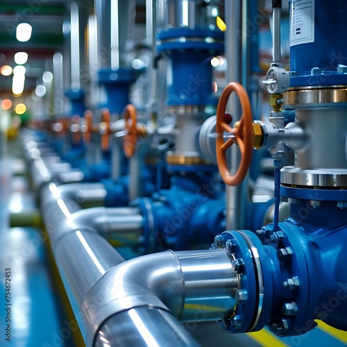 A series of valves are blue and orange