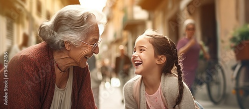 An older woman and a young girl are laughing together on a footpath. The grandmother and granddaughter share a joyful moment, filled with smiles and laughter as they enjoy each others company.