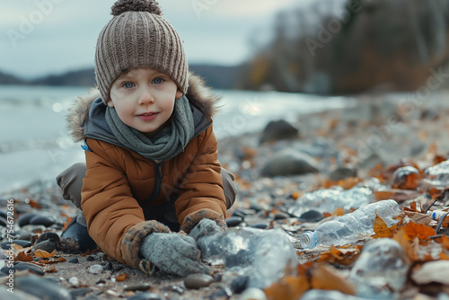 Scandinavian boy wearing gloves, picking up plastic bottles from the sandy beach, environmental awareness concept © angyim