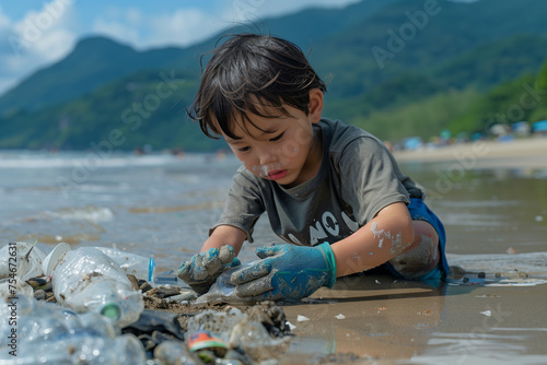 Asian boy wearing gloves, picking up plastic bottles from the sandy beach, environmental awareness concept © angyim