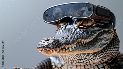 a crocodile with vision virtual reality sunglass solid background