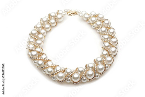 Luxurious pearl necklace with gold and diamonds on white background