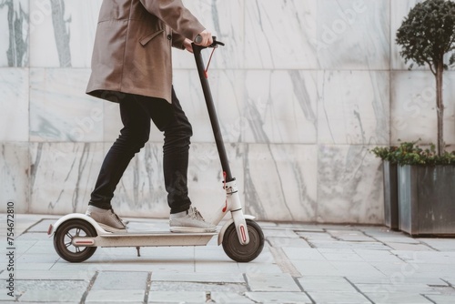 Person riding an electric scooter on a city sidewalk photo