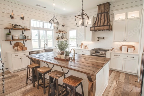 Rustic kitchen interior with white cabinets  wooden countertops  and hanging lanterns.