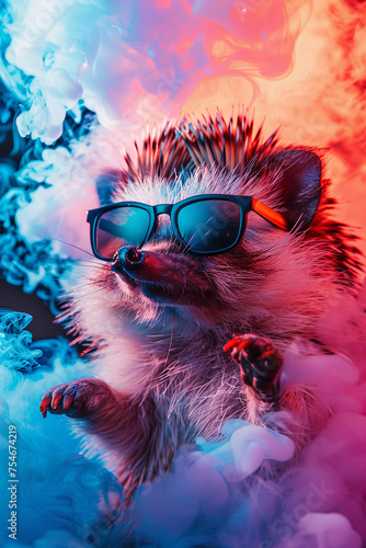 A cool looking hedgehog wearing sunglasses surrounded by colorful smokes © grey