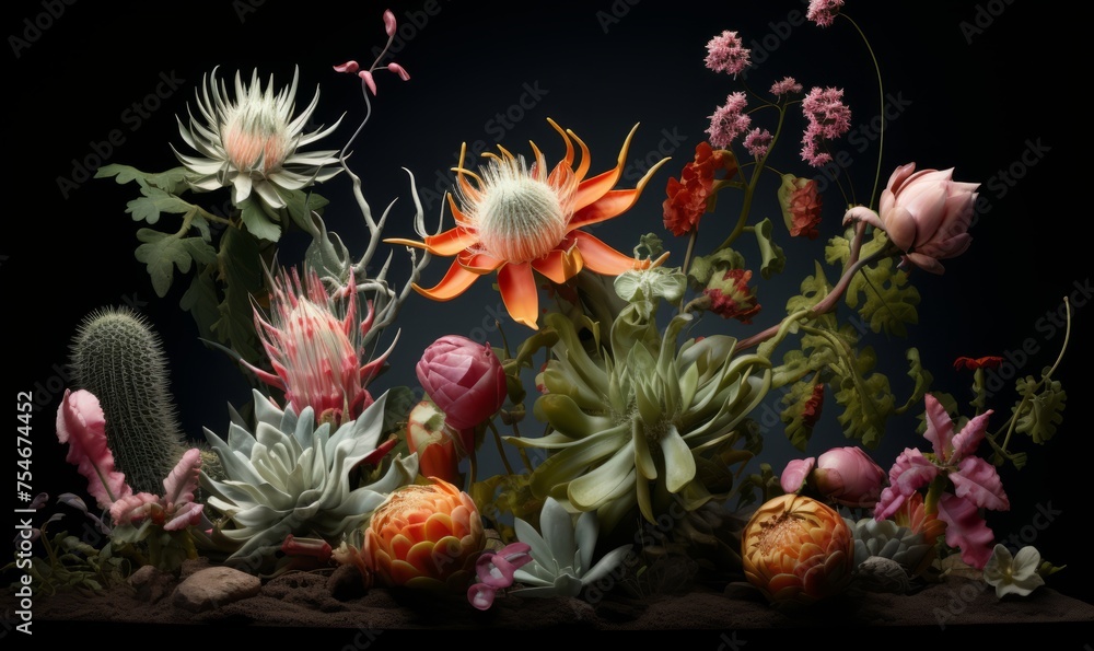 Highly detailed, artistic still life composition featuring a diverse array of flowers and plants. The colors and textures are striking, with vibrant reds, oranges, pinks, and greens . Highly detailed, artistic still life composition featuring a diverse array of flowers and plants. The colors and textures are striking, with vibrant reds, oranges, pinks, and greens .
