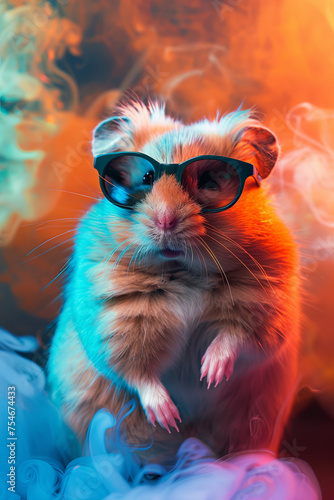 A cool looking hamster wearing sunglasses surrounded by colorful smokes © grey