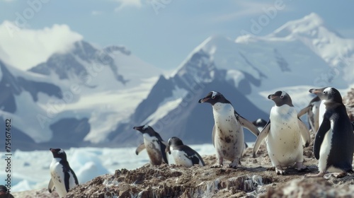 Whimsical Penguins Playing on Snowy Landscape   Telephoto Capture