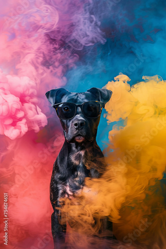 A cool looking dog wearing sunglasses surrounded by colorful smokes