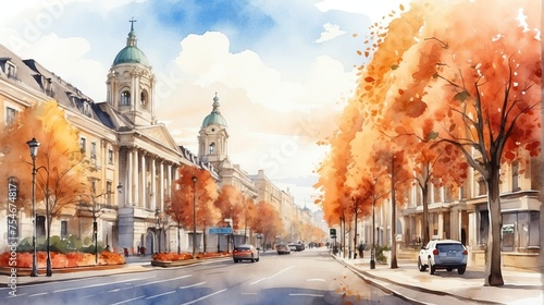 Watercolor architectural illustration of a city street road at autumn from Generative AI